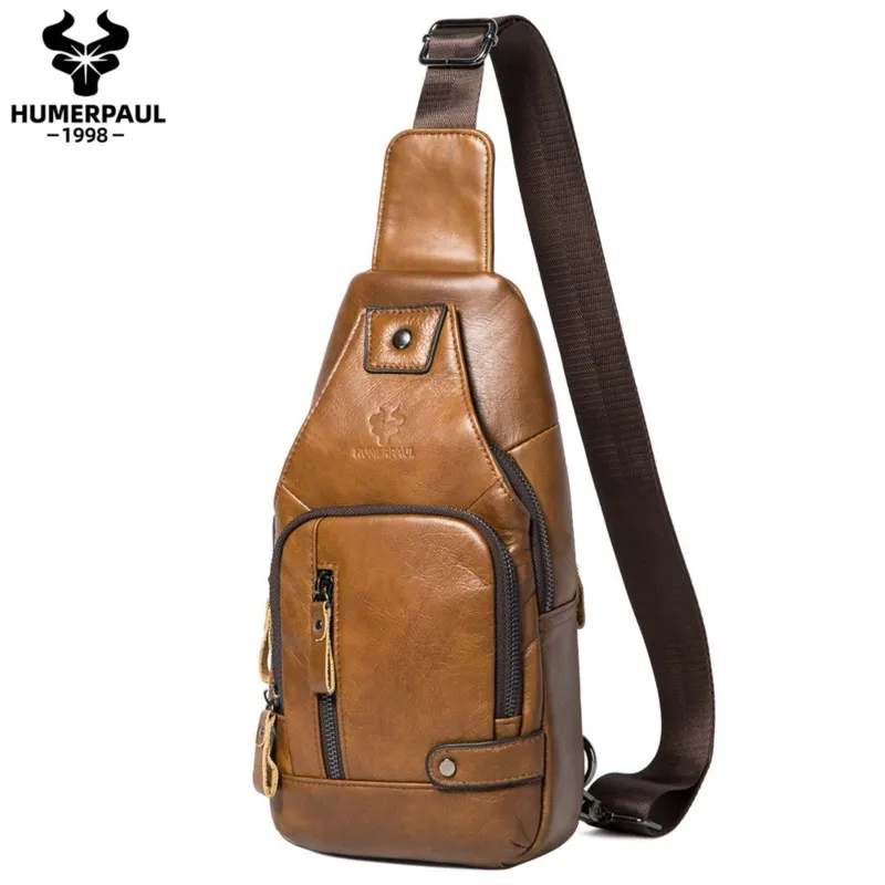 Men's Outdoor Genuine Cowhide Chest Bag with External USB Charging Port Business Commuting Single-Shoulder Crossbody Bag
