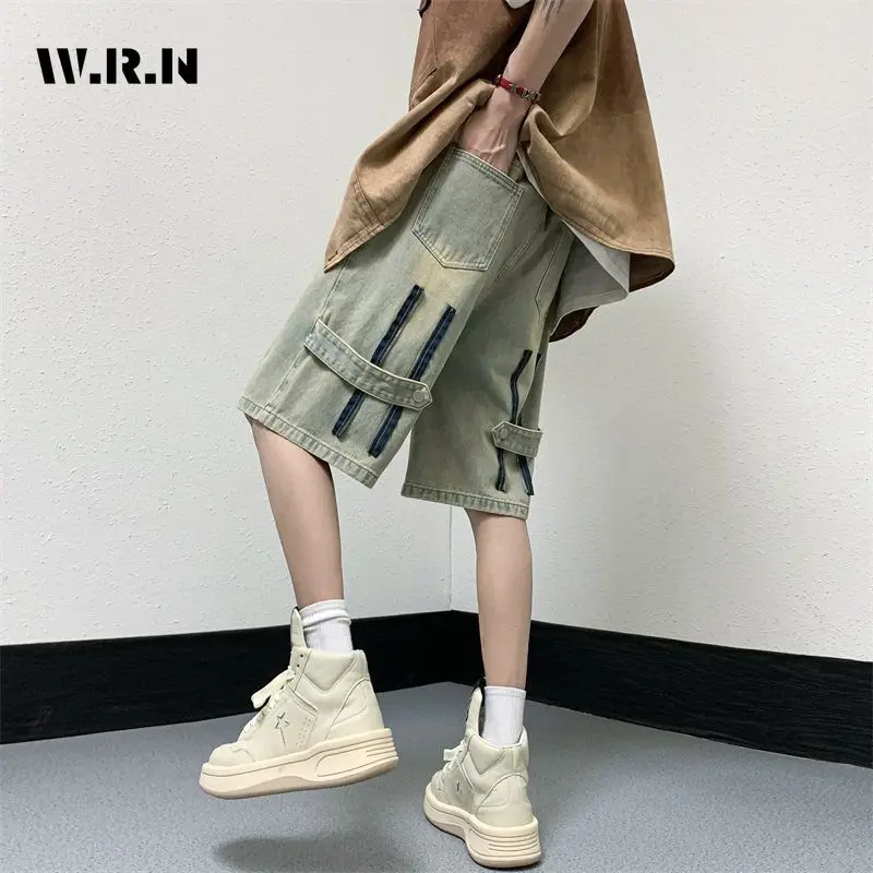 

American Retro Wide Leg Baggy Casual Patchwork Denim Shorts Women's Harajuku Washed High Waist Loose Fit Belted Jean Shorts