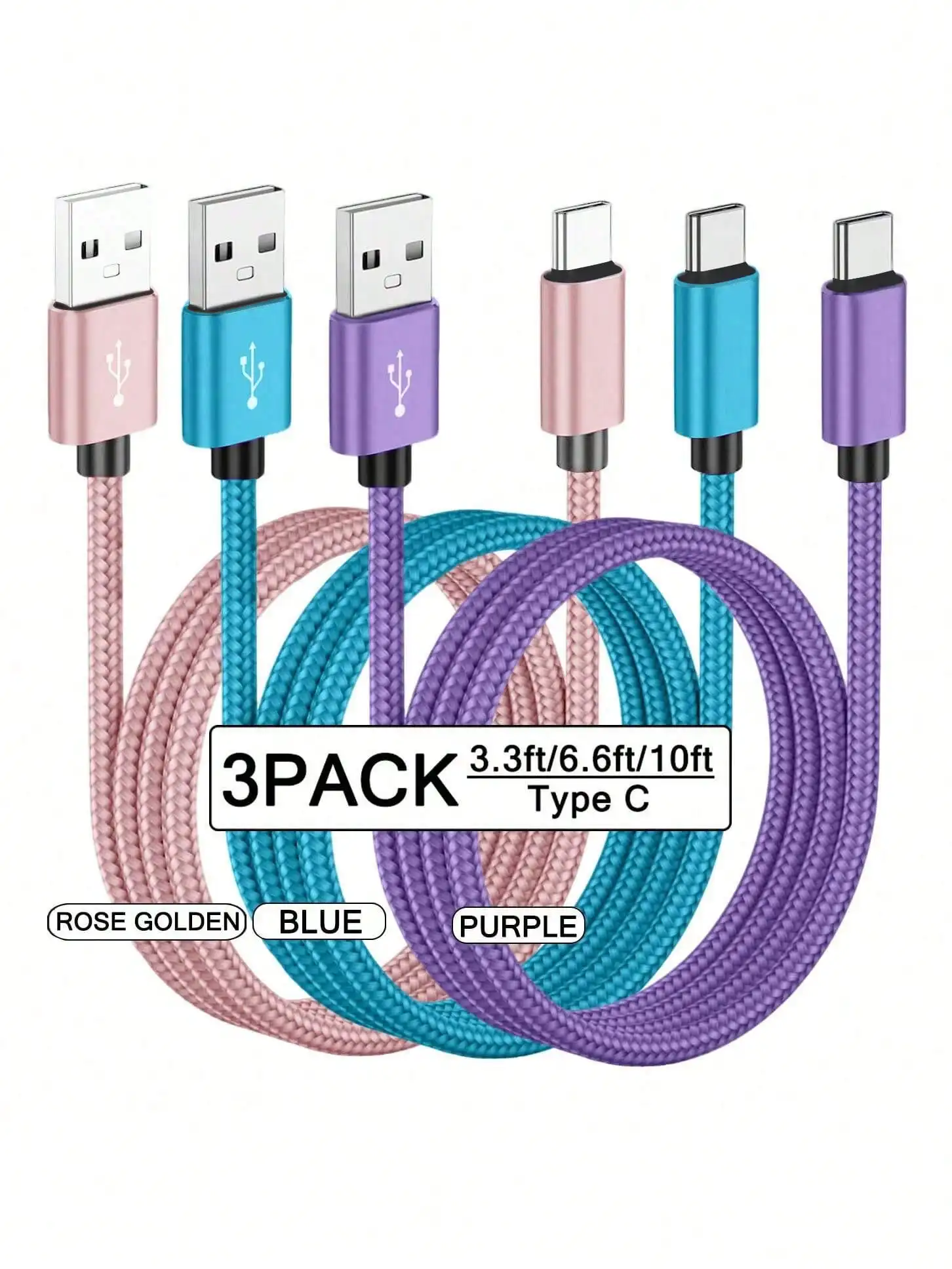3-Pack USB-C Fast Charging Cables [3.3/6.6/10 Ft] USB-A To C Nylon Braided Charging Cords, C-Type Data Sync Cables Compatible With Samsung Galaxy A14 5G A13 A54 A53 A23 A24 A03s S23 S22 Ultra S21 S20, Compatible With IPhone 16, 16 Pro Max, 15, 15 Plus, 15