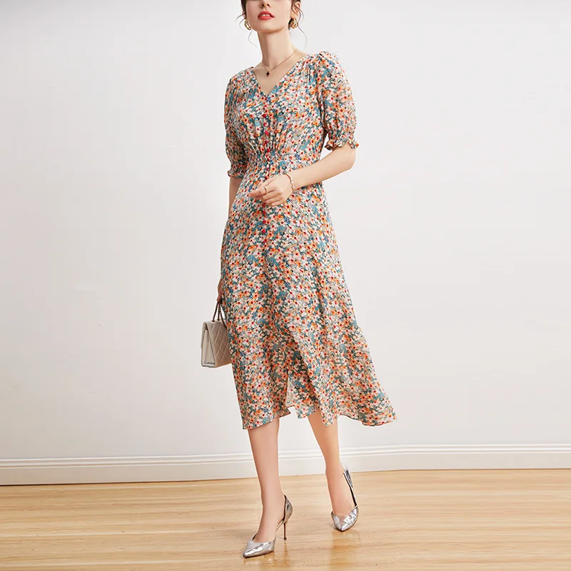 Women\'s French LadyStyle Dress, 100% Mulberry Silk, Shirring Floral Printing, Puff Sleeve Split Midi Dresses, Retro Robe, Summer