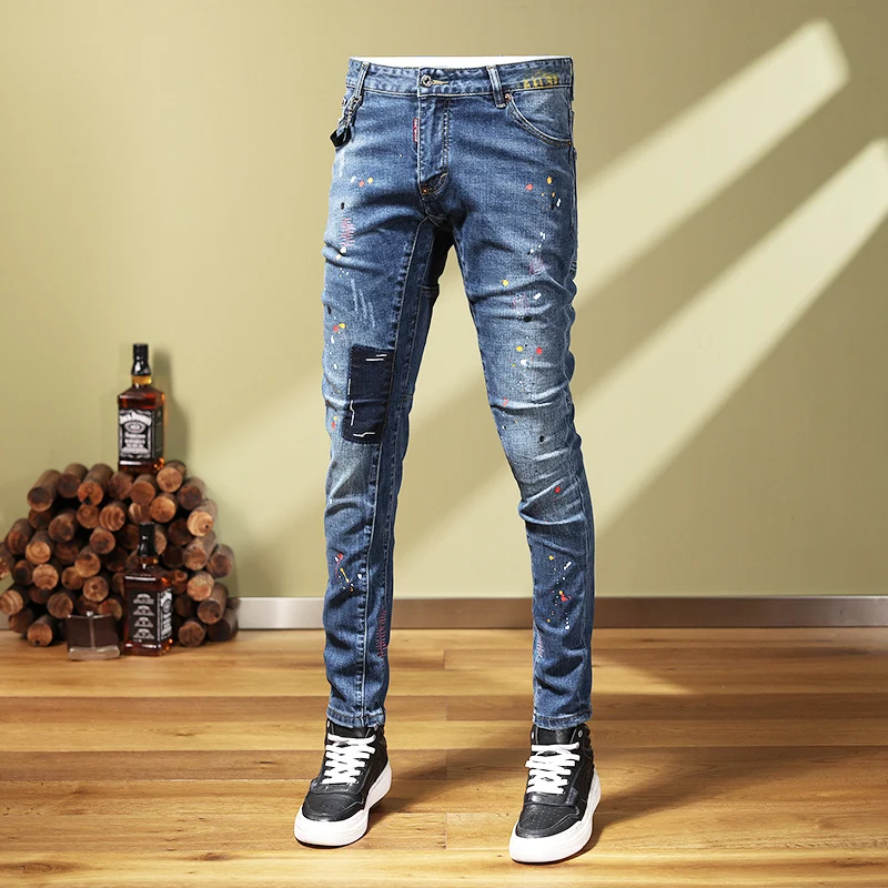 High Street Fashion Men Jeans Retro Blue Elastic Stretch Slim Fit Painted Ripped Jeans Men Spliced Designer Hip Hop Pants Hombre