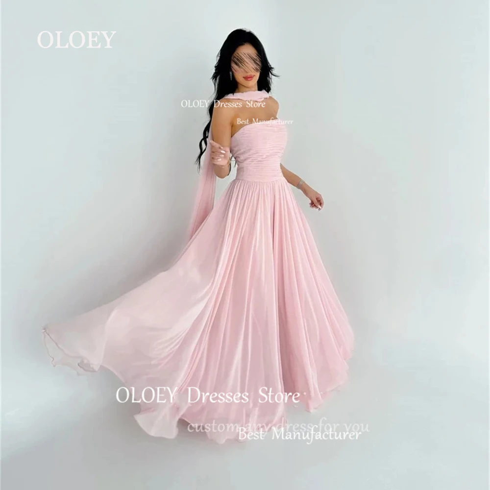 OLOEY Elegant Light Pink Strapless Evening Dress With Long Scarf Sleeveless Floor Length Wedding Party Dress Formal Gown Custom