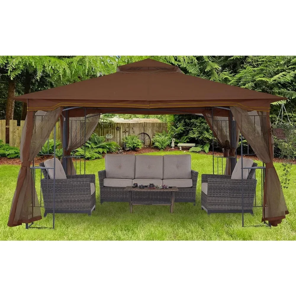 Outdoor Garden Awning Brown) Patio Outdoor Gazebo with Netting Screen Walls and Corner Shelf Design (11x13 Folding Canopy Tent