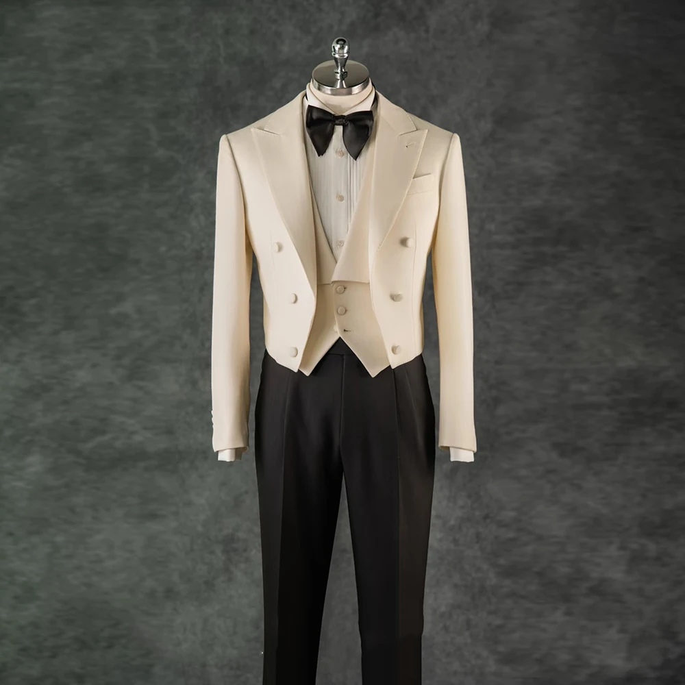 Elegant Gentleman Men's three Pieces Suit Set Peak Lapel Short Male Blazer Vest Black Pants Sets Bridegroom Wedding Banquet Suit