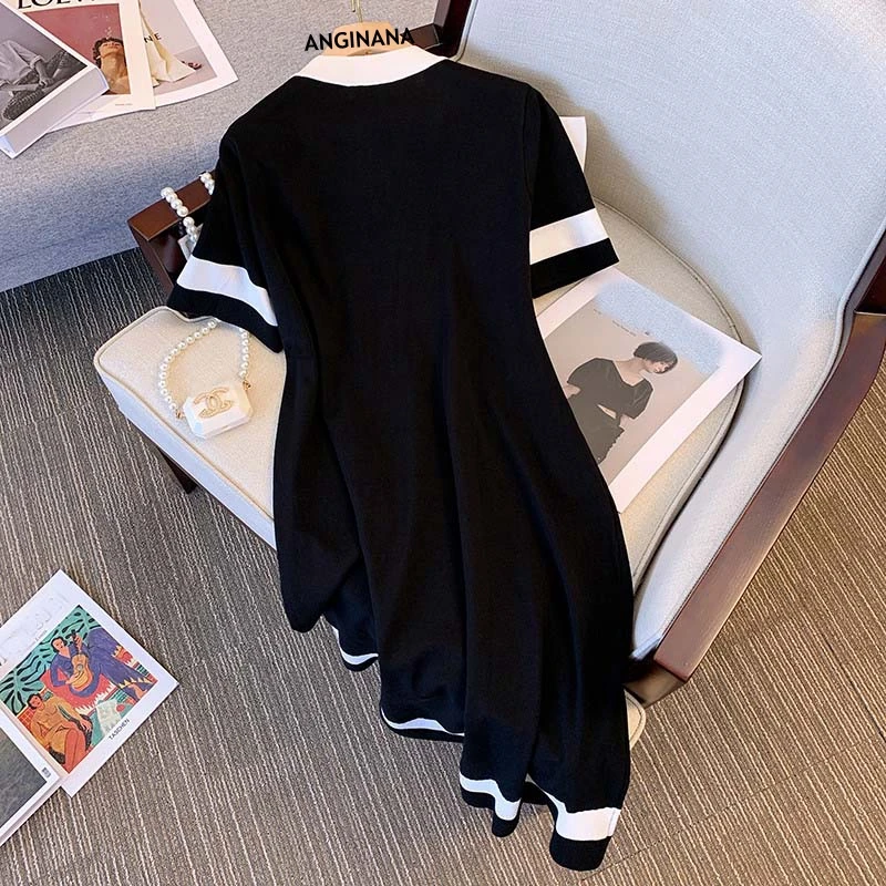 Summer Large Size 10XL 150KG Women's Dress Ice Silk Knitted V-neck Short Sleeve Loose Black and White Splice Casual Big Dress