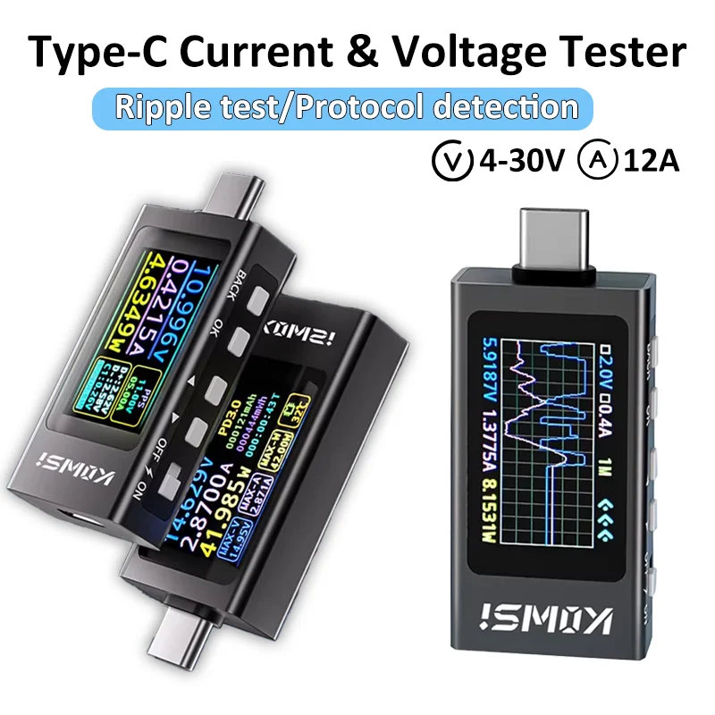 

Измеритель мощности KWS-X1 Type-C: вольтметр, амперметр, DC 4-30В, 0-12А, с функцией быстрой диагностики заряда, измерения пульсаций и емкости, ЖК-дисплей