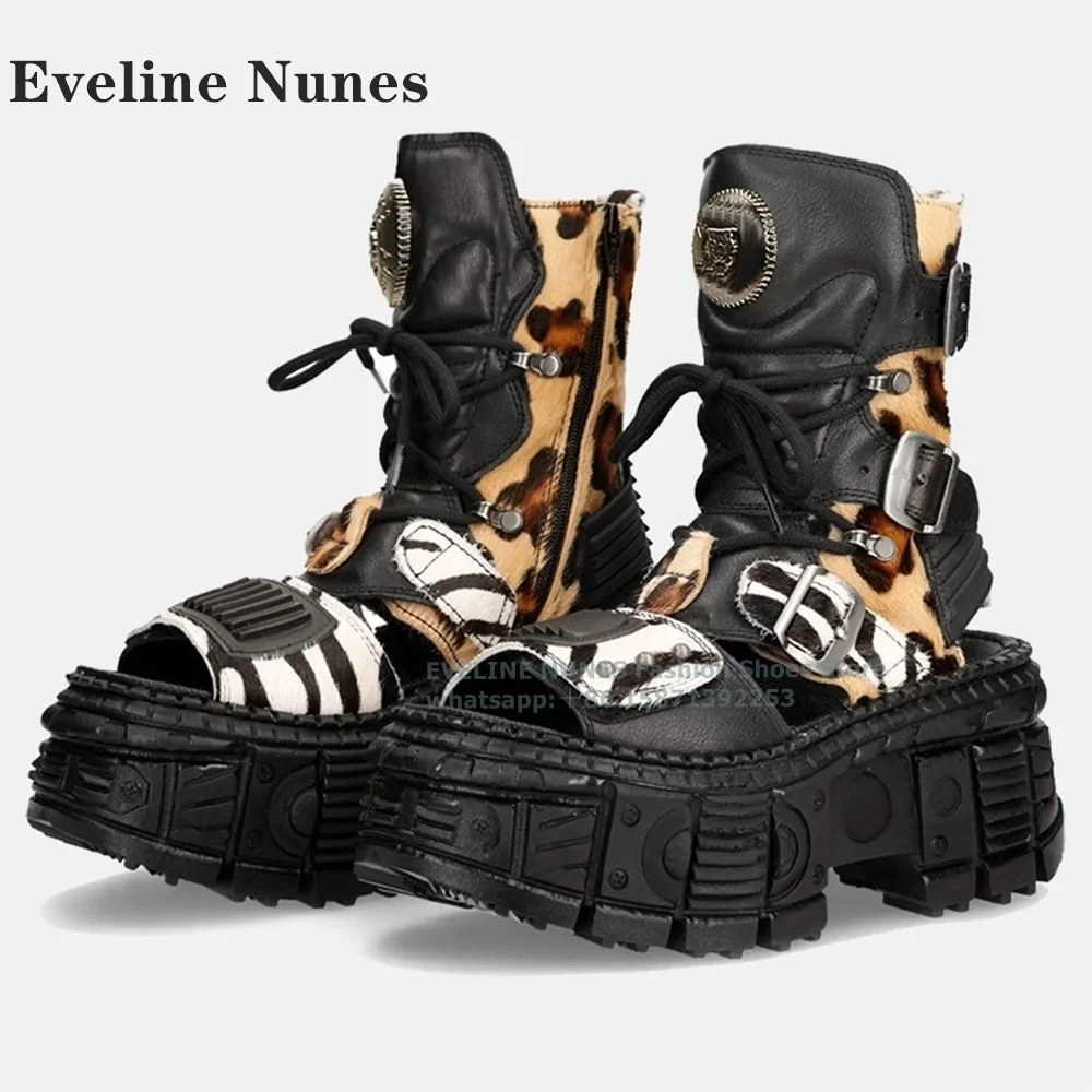 Leopard Platform Belt Buckle Gladiator 2024 Open Toe Height Increasing Cross Tied Hollow Out Patchwork Punk Retro Couple Sandals