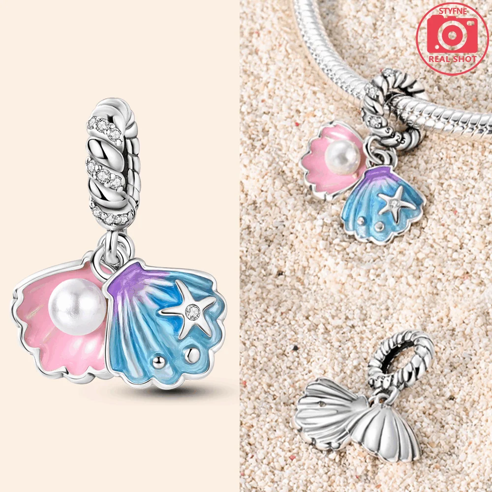 925 Sterling Silver Pink Blue Shell Charms Beads Fit Original Bracelets Bag Keychain Earring Pendant Diy Women Jewelry Gift