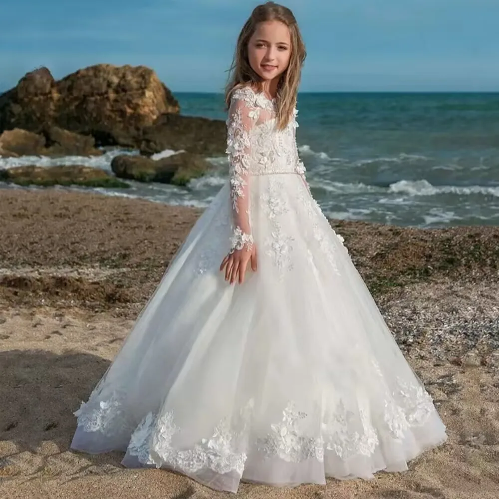 

HYGLJL New Arrivals Flower Girls Lace Long-sleeved Ball Gowns Sacrament First Communion Tulle Princess Dresses with Pearl Belt