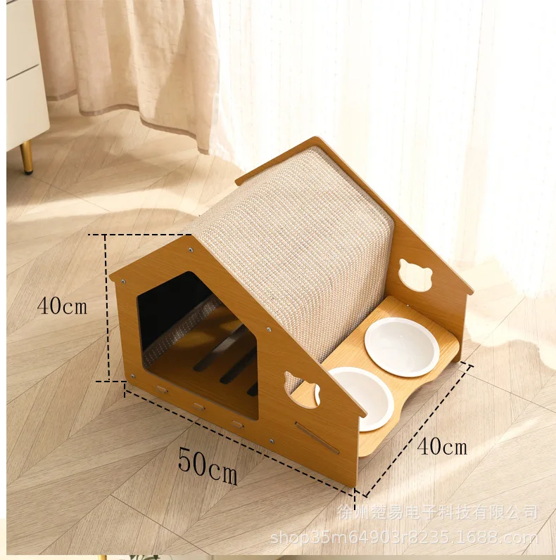Casa cerrada para gatos desmontable, lavable con comedero y rascador - imagen 5