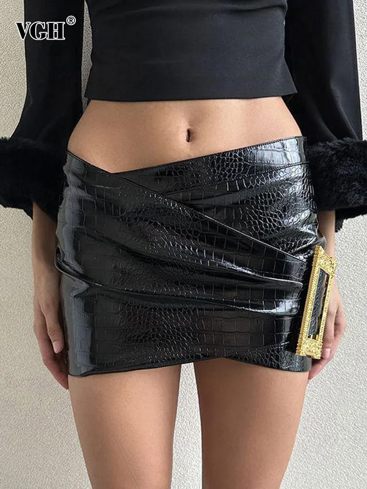 VGH Solid Patchwork Metal leather Skirt For Women High Waist Bodycon Slimming Sexy Mini Crisscross Skirts Female Fashion Clothes