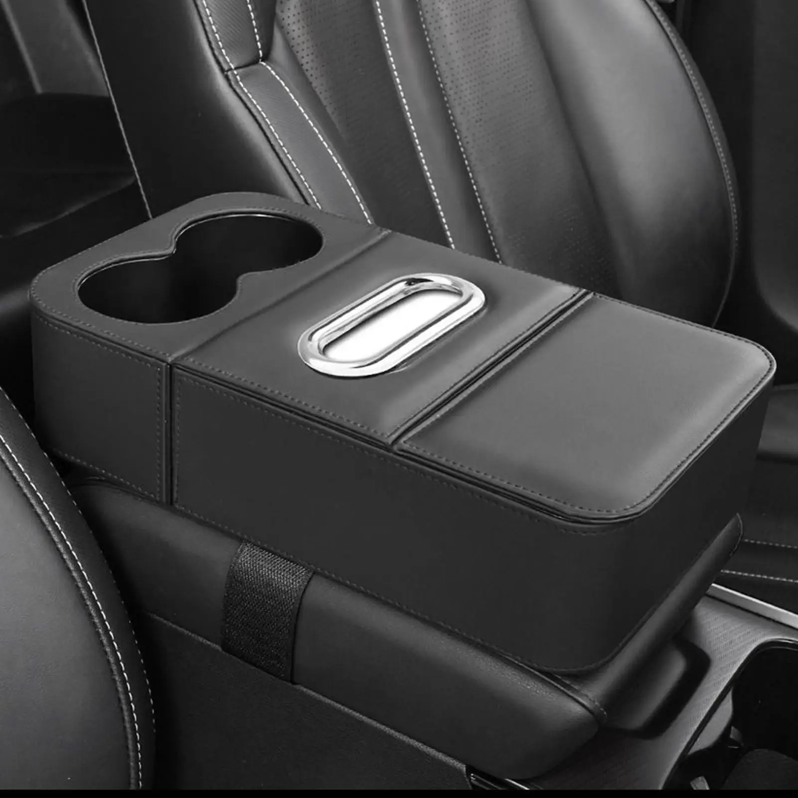 

Car Armrest Booster With Cup Holder Leather Center Armrest Tissue Dispenser Car Center Console Cup Holder for Water Bottle Key