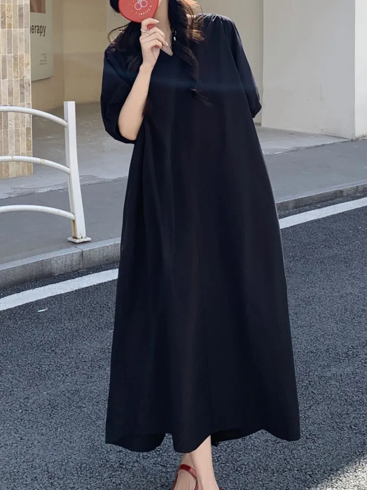 퍼프 슬리브 여름 빈티지 여성 드레스 새로운 높은 허리 솔리드 v 넥 캐주얼 루즈 a 라인 드레스 여성 vestidos