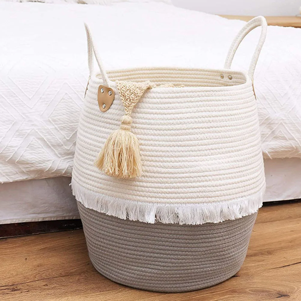 

1pc Woven Storage Basket Foldable Organizer Cotton Rope Laundry Sundries Holder Home Decorative Container For Bathroom