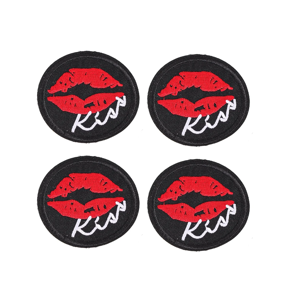 Runde, rotgefärbte Lippen-Kuss-Stickerei zum Aufbügeln, schwarze Basis, selbstklebende Applikation für Streetwear, T-Shirt, Jacke, Tasche, DIY-Kleidungsdekoration – Detail 3