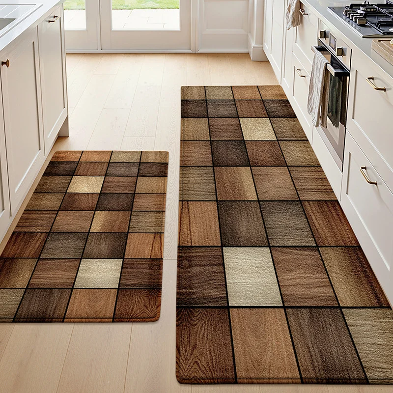 VIKAMA Retro Wood Grain Kitchen Carpet Non-Slip Water Absorption Bathroom Mat Entrance Hallway Rug Home Decoration