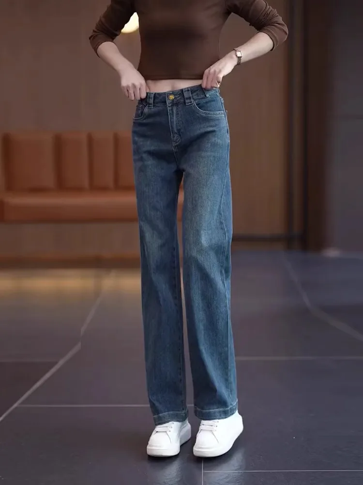 

Thiened Fce Wide Leg Straight Jeans Women's Loose Fit High Waist Long Pants Winter Season Faion plus Size Denim Trousers