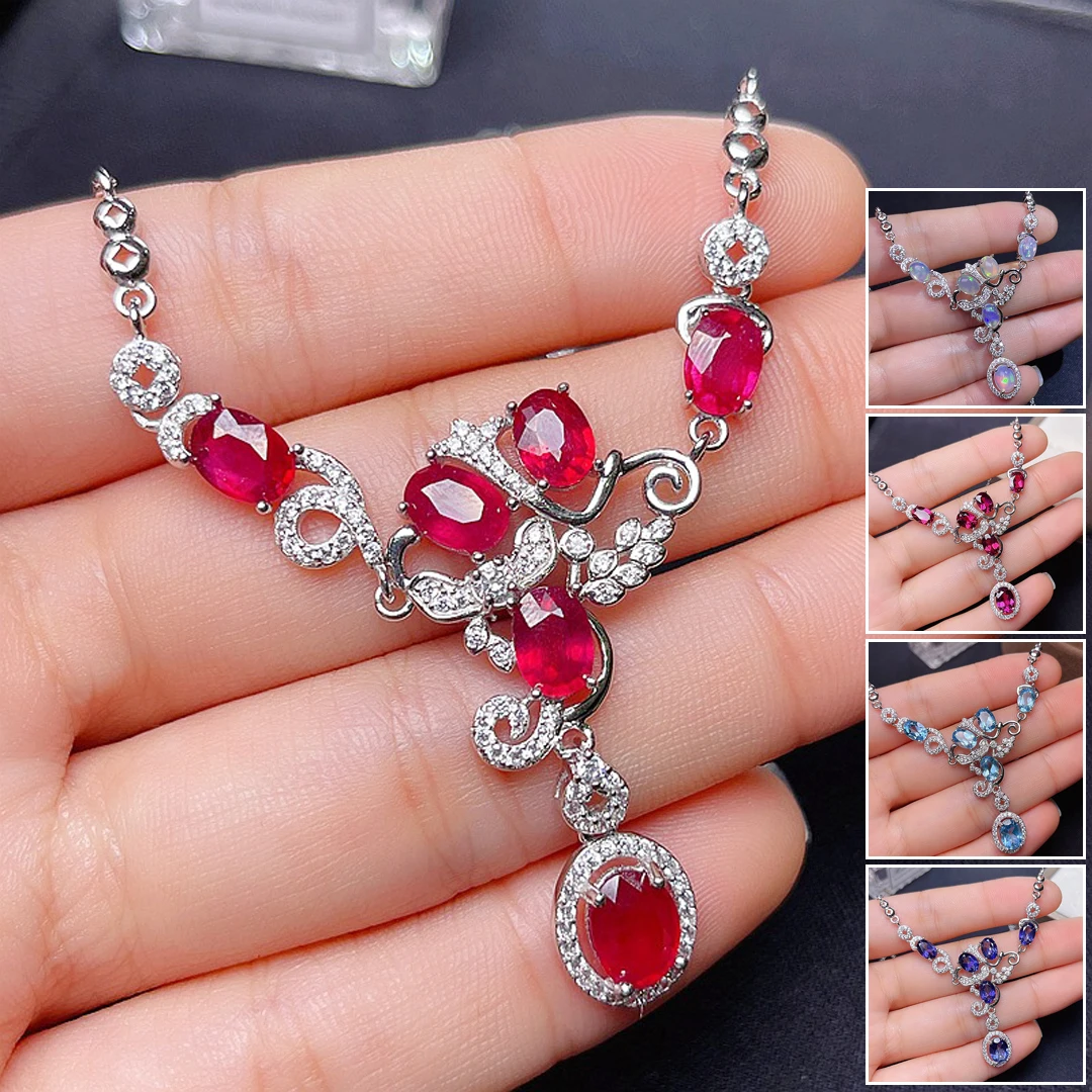 

MeiBaPJ Luxurious Natural Ruby/Topaz/Garnet Fashion Pendant Necklace Genuine 925 Silver Red Stone Fine Wedding Jewelry for Women