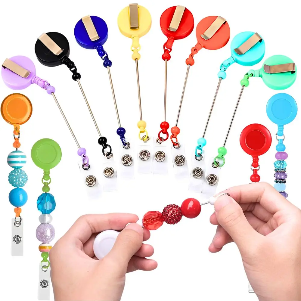 12pcs Random Color DIY Beadable Retractable Badge Reel Clips for Nurse, Teacher, Office Staff Name Tag Accessory YMY