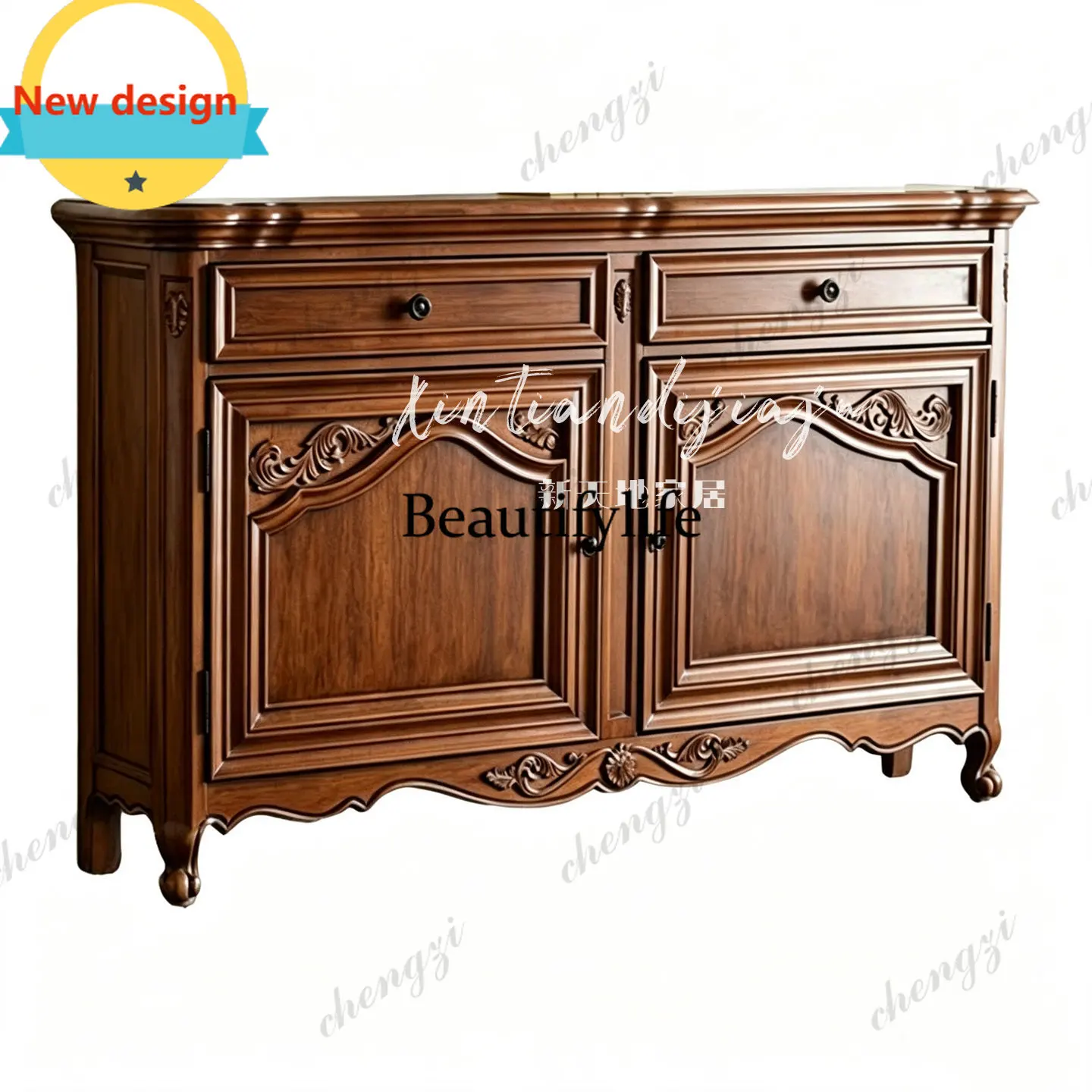 Solid wood carving flower dining side living room decoration, French retro foyer home shoe cabinet