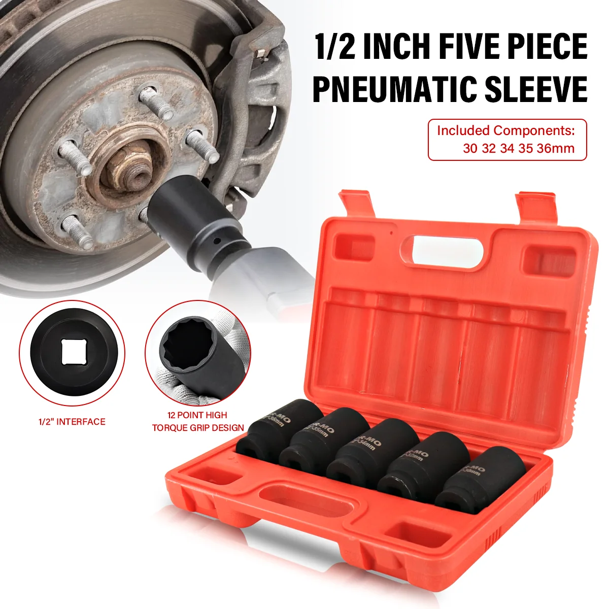 EW Deep Impact Socket Set 12 Point 1/2 Inch Drive Metric 5PCS 30-36mm With Case