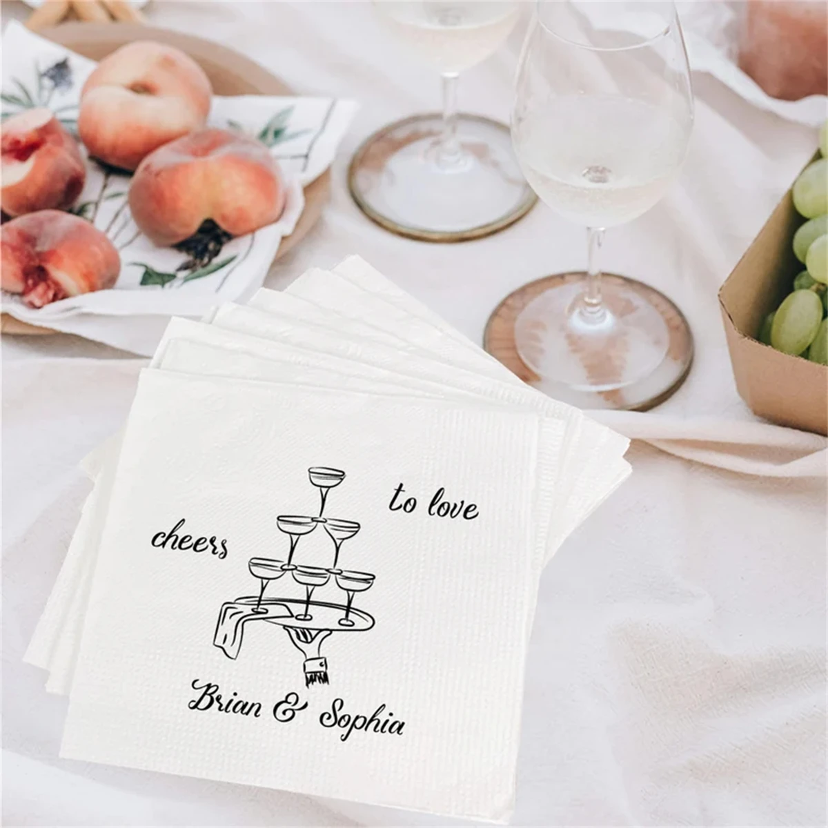 50Pcs Personalized Cheers to Love Hand Drawn Glasses Wedding Napkins, Custom Wedding Cocktail Napkins, Engagement Party Decorati