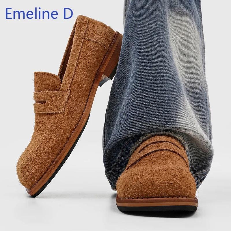 Men Square Toeloafers Slip On Rough Suede Upper Low Block Heel Wear Resistant Retro Vintage Style Daily Street Casual Shoes