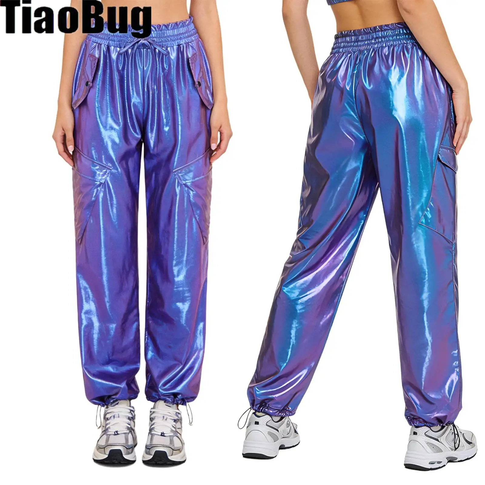 

Women Metallic Shiny Cargo Pants Widen Elastic Waistband with Ruffled Trim Multi-pockets Jogger Trousers for Hip Hop