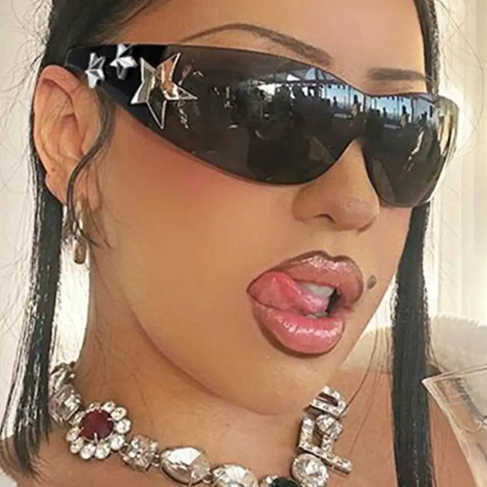 One Piece Rimless Y2K Sunglasses Women Men Punk Goggle Trendy Shield Sun Glasses UV400 3D Five Star Rhinestones Eyewear 2024