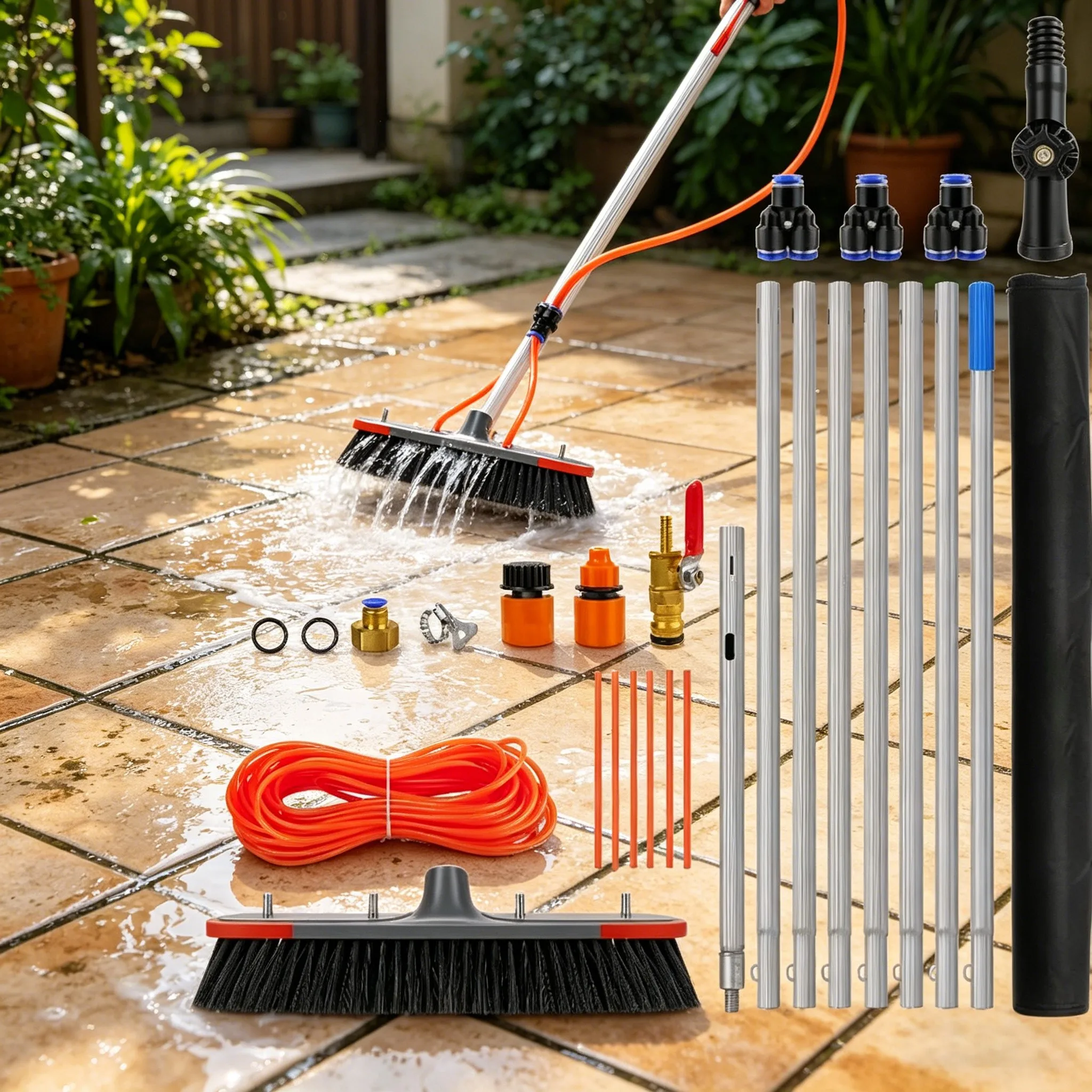 Cepillo de limpieza retráctil de aluminio de 7 metros, equipado con un manguera de jardín, adecuado para limpiar paneles solares, techos de terrazas y ventanas, el cabezal del cepillo se puede ajustar