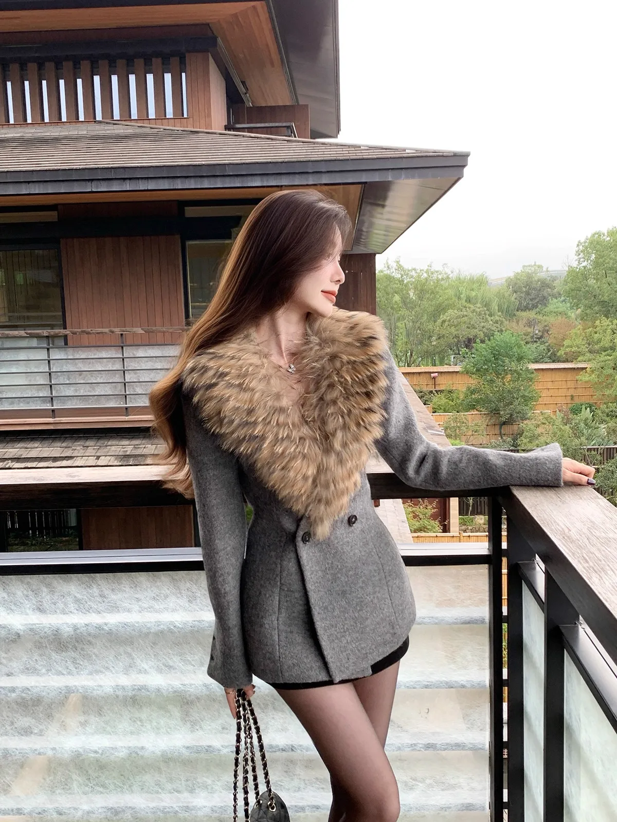 

Women Winter Thick Wool Coat Real Raccoon Large Fur Collar Waist Cinched Slim New Style Premium Temperament Woolen Overcoat