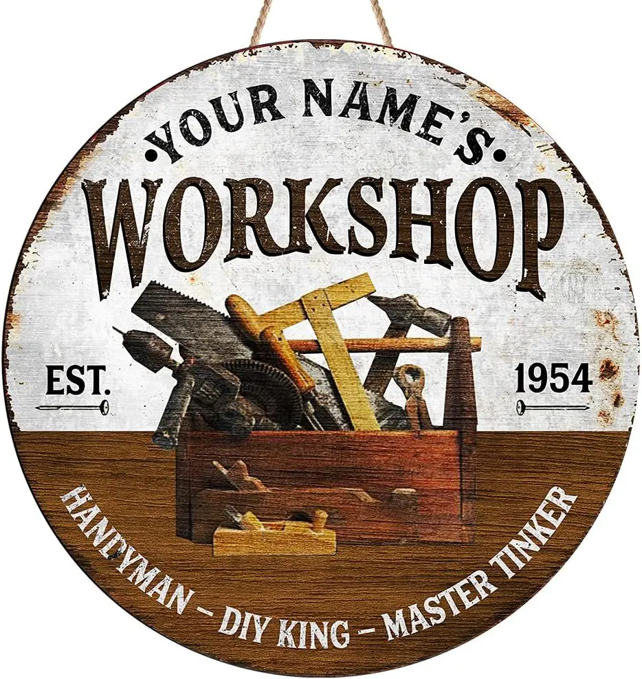 Artsy  Custom Workshop Garage  Sign (Not Carved), Vintage Rustic Man Cave Decor Wall Plaque, Personalized Gif