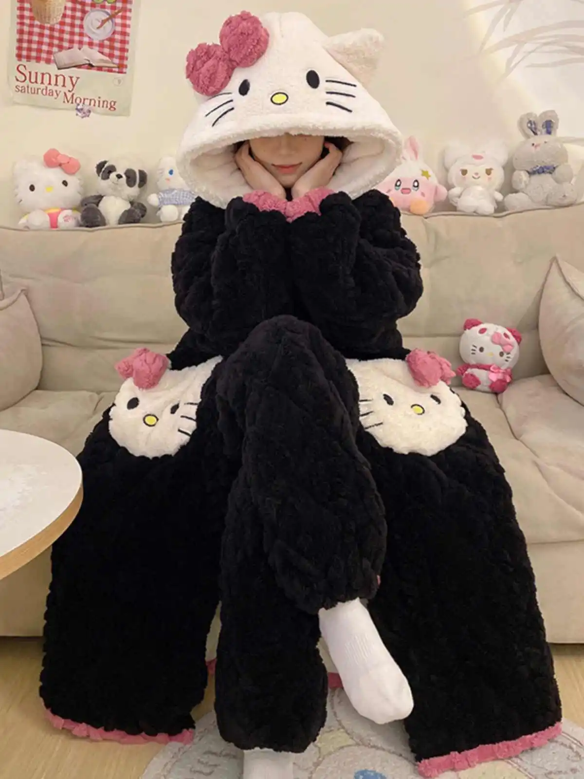 Sanrio Hello Kitty Hooded Pajamas Suit For Women Coral Velvet Three Layer Extra Thick Cotton Home Outdoors Clothes Set In Winter