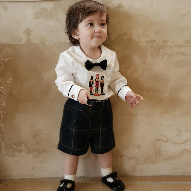 Ins Handmade Boys Birthday Clothes Embroidered Long-sleeved Shirt + Plaid Shorts British Boutique Kids Clothes Autumn