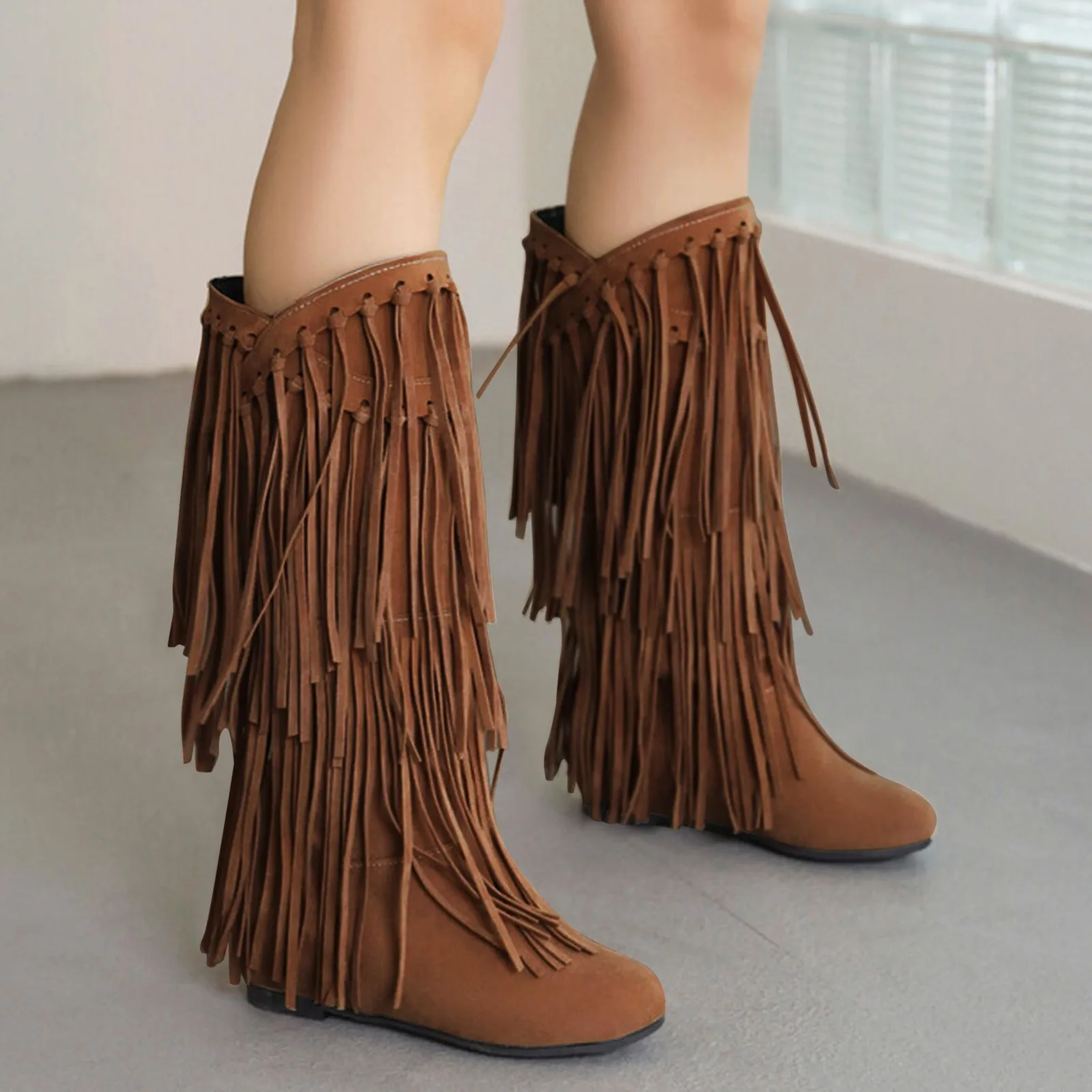 Women\'s Fringe Boots 2023 Winter New Western Boots Round Toe Flats Suede Solid Cool Internal Elevation Boots Dressy Daily Shoes