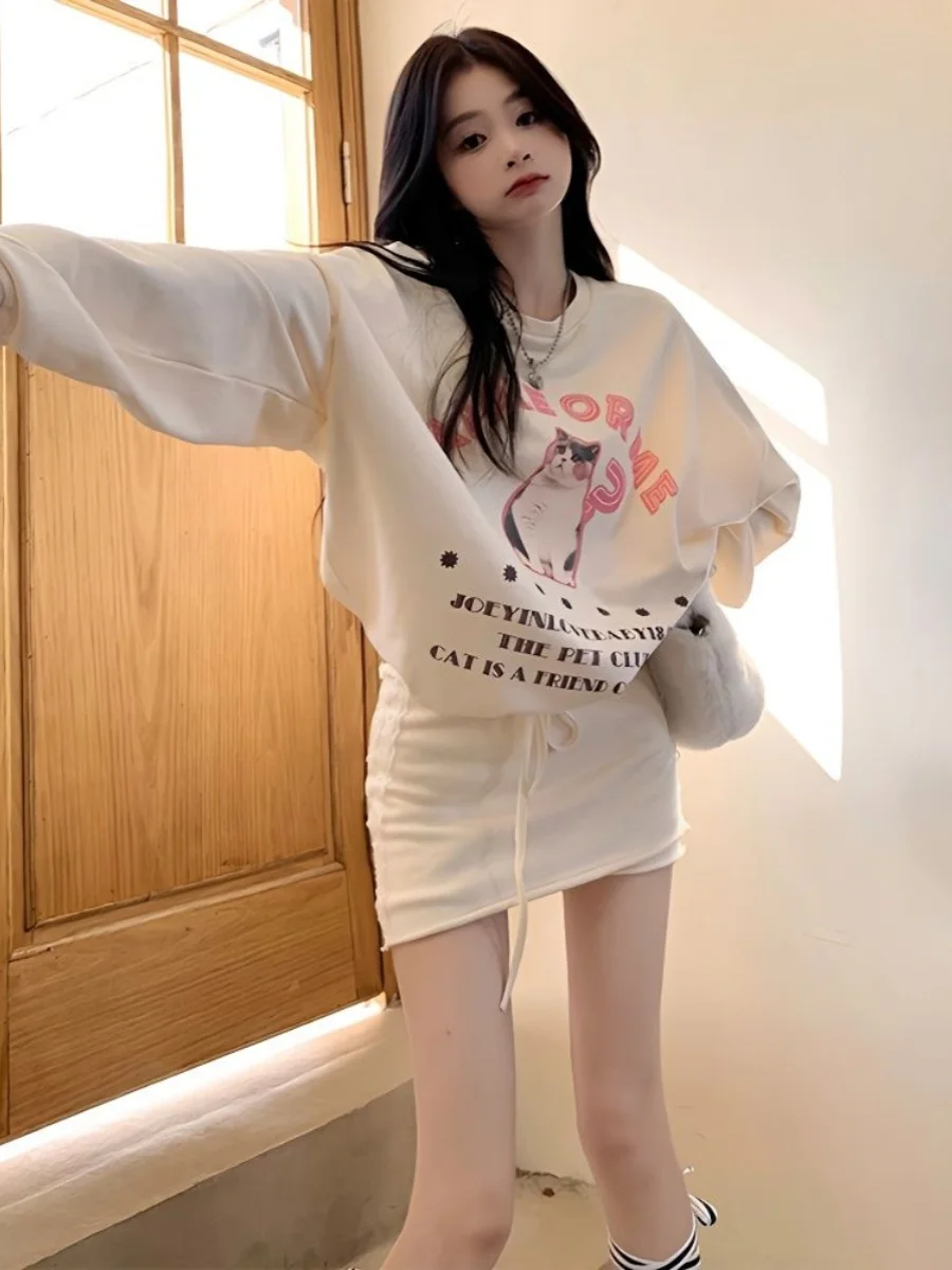 

plus Size Casual High Waist Long Sleeve Short Set Women's Fashion Summer Outfit Two Piece Set Sweet Style round Neck Print Dress