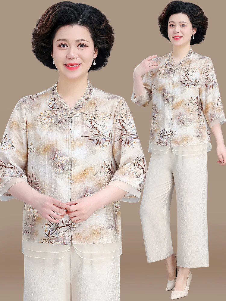 

Новый модный комплект из хлопка и льна 2025 года: традиционная китайская блузка для женщин среднего и старшего возраста, весна-лето