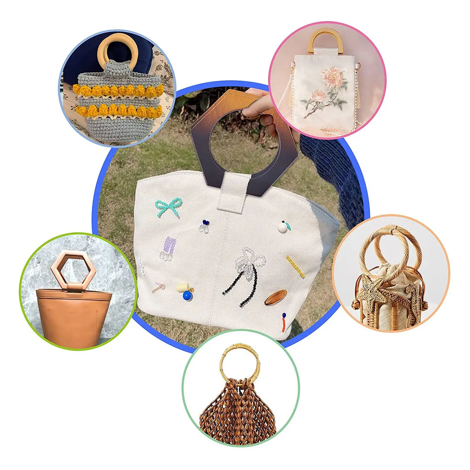 ABQR, 2 uds., asa de madera para bolso, asas para bolso de madera en forma hexagonal, asas para bolso, reemplazo DIY, mango para bolso de macramé hecho a mano