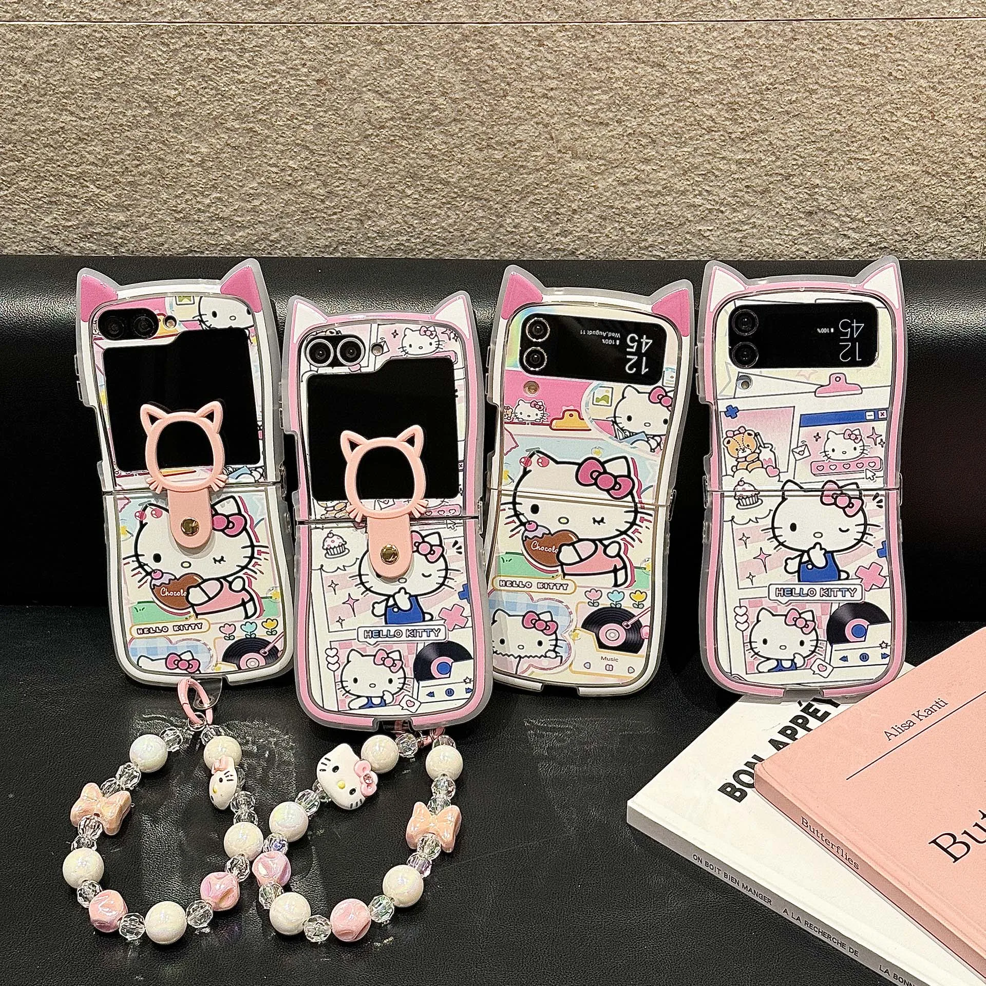 

Super Cat Ears All-Edge Protective Phone Case Sanrio For Hello Kitty Big Head With Lanyard Samsung Galaxy For Z Flip 7/6/5/4/3
