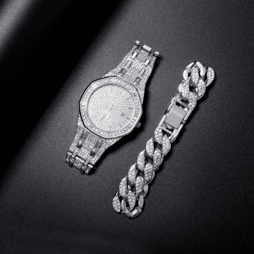 Full Iced Out Watch for Women Bling Bling Cuban Tennis Chains Bracelets Green Water Ghost Luxury Watches Women Set Reloj Mujer