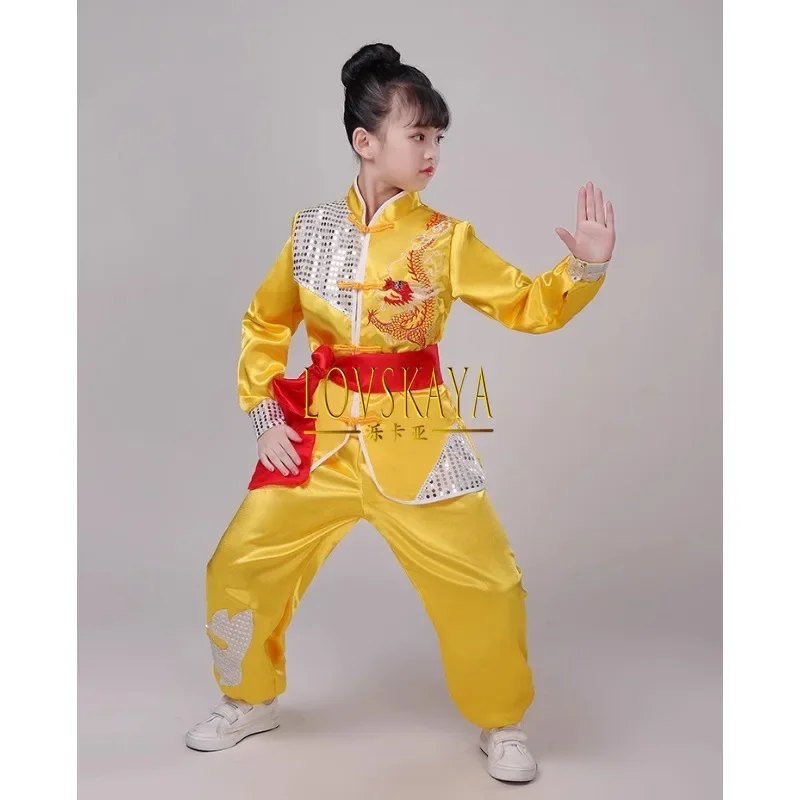 Kinderen Pailletten Martial Arts Kostuums Performance Kung Fu Tai Chi Kostuums Drummen Dragon Performance Kostuums