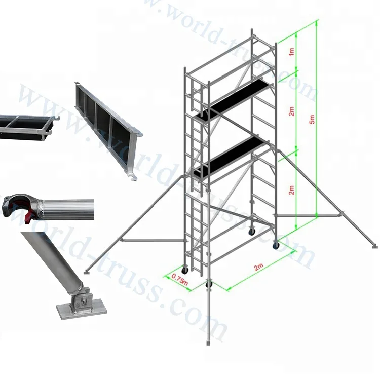 Scaffalature mobili per scale da costruzione con struttura in alluminio H con scala a gradini con ruote