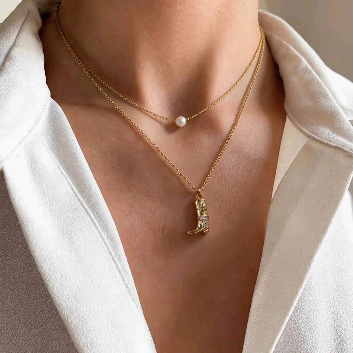 Pearl boot double layered necklaces for women cowboy stainless steel necklaces cute funny dainty jewelry new in 2026