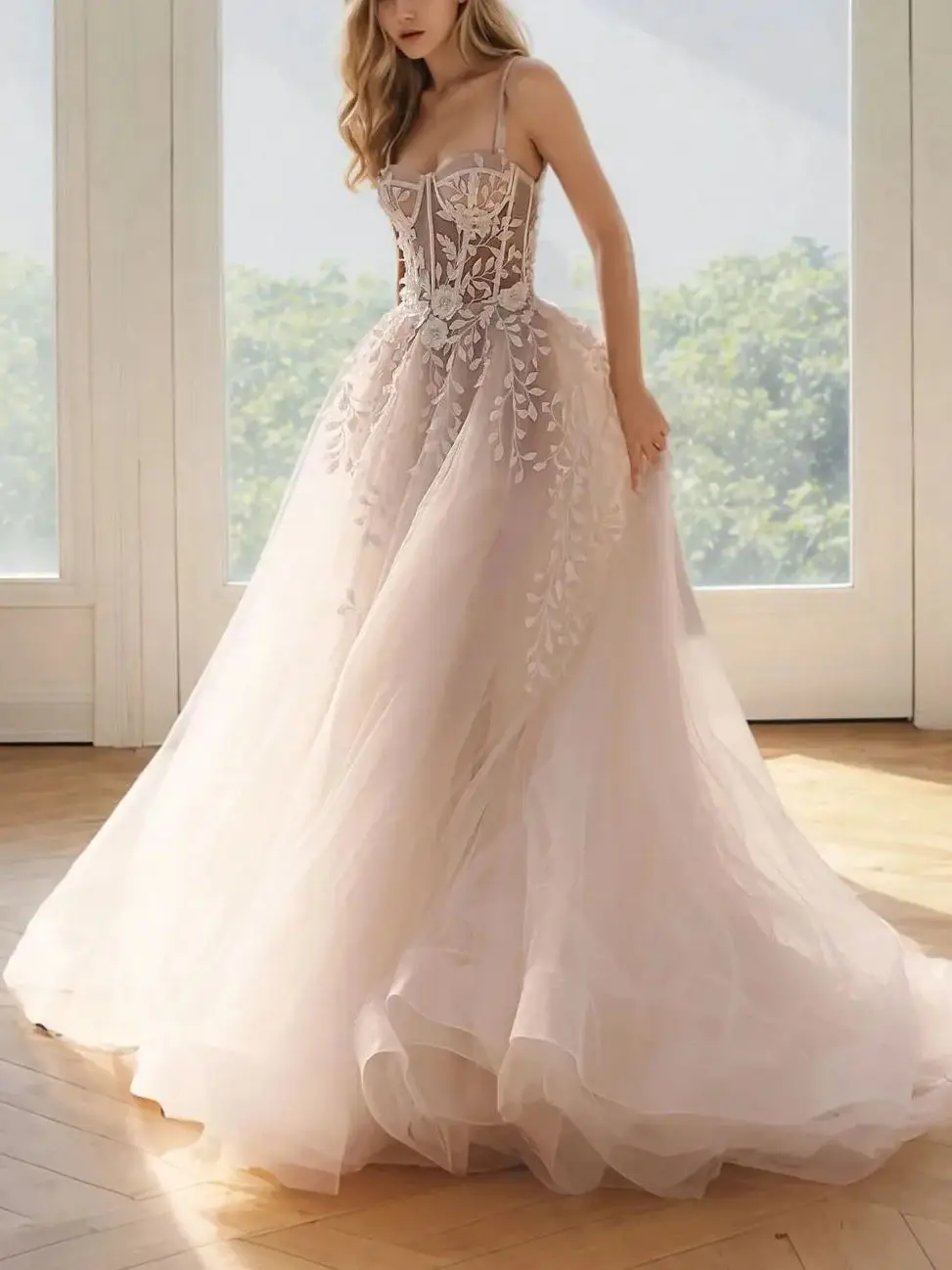 

Luxury Romance A-Line Wedding Dress Sweep Train Spaghetti Strap Sleeveless Tulle Appliques Bridal Gown 2025 Free Customize