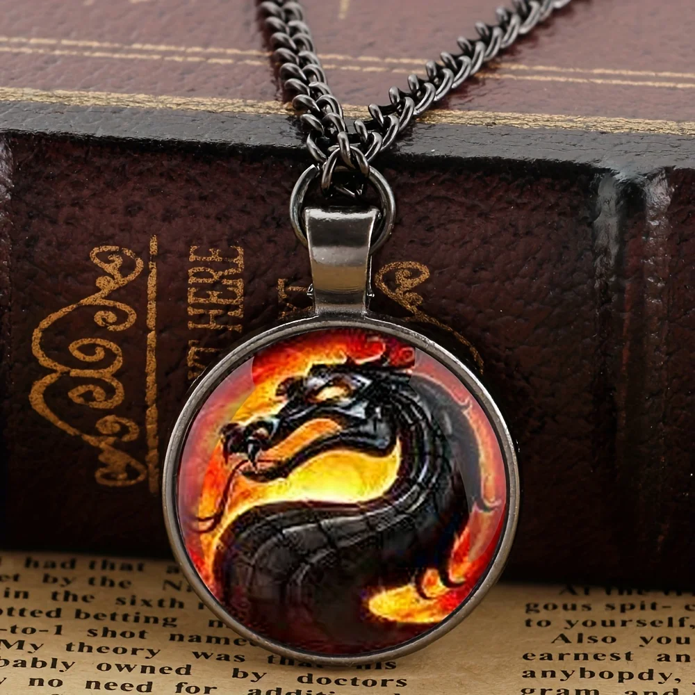 1pc Fashion Dragon Pendant Necklace, Mortal Kombat Pendants Glass Dome Jewelry Accessories For Men