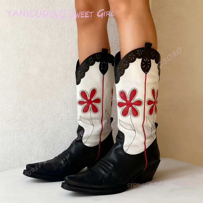 Sepatu Bot Denim Vintage Motif Bunga Wanita Kulit Hitam Putih Hak Rendah Sepatu Bot Setinggi Lutut Ujung Runcing Gaya Keren Jahitan Grafiti