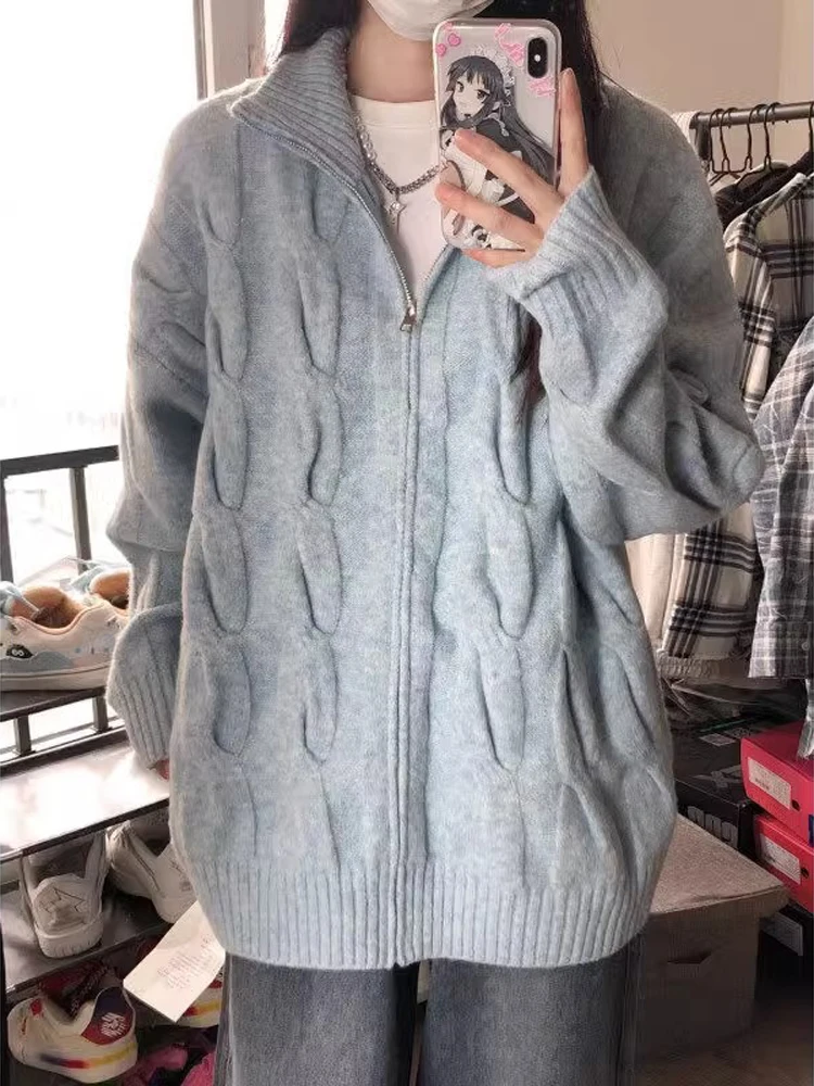 

Retro Twist Knitted Open Cardigan Men's Sle Japanese Lazy High-End Zipper Sweater Stand Collar Jaet Couple's Outfit