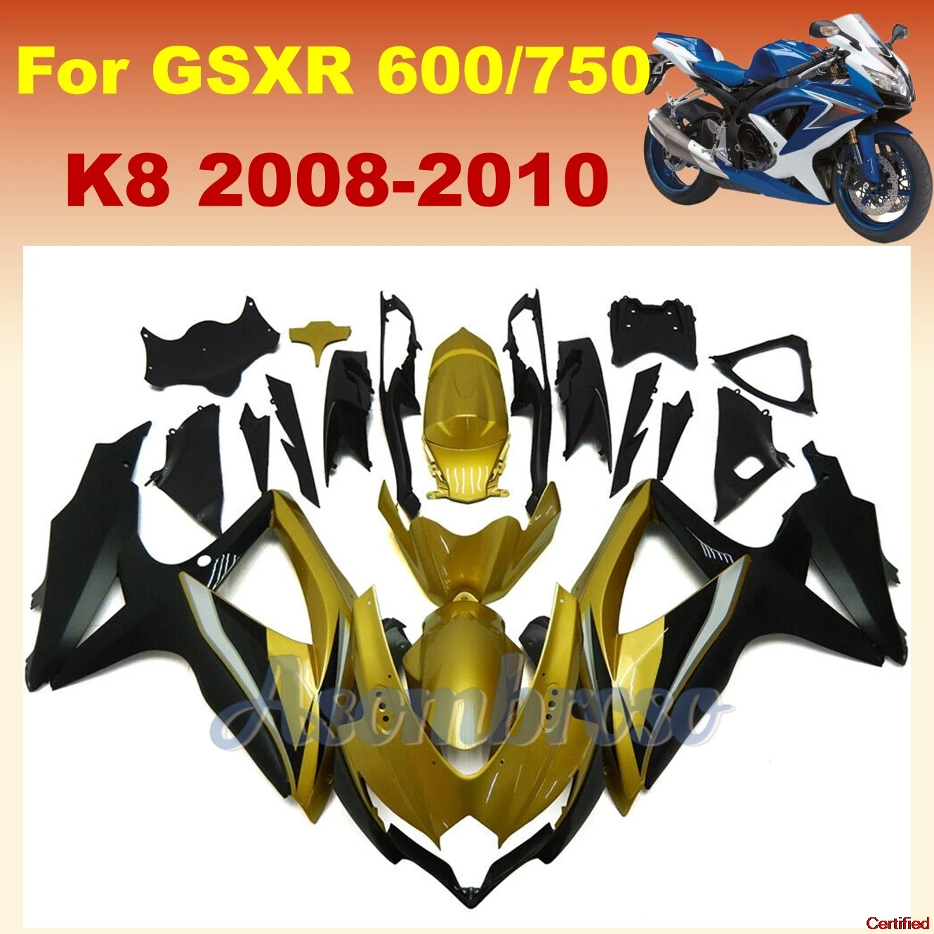 

Совершенно новый комплект обтекателя для GSXR600 750 2008 2009 2010 GSXR750 600 08 09 10, корпус мотоцикла золотого, черного цвета