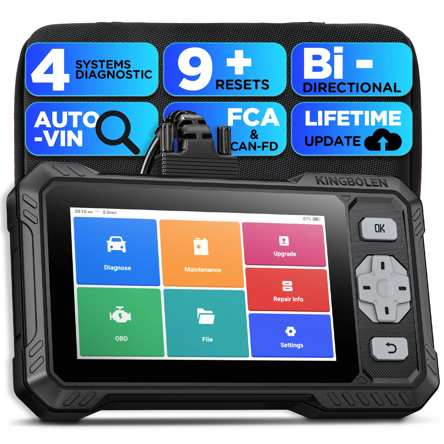 KINGBOLEN S608 OBD2-Scanner, bidirektionales Scan-Tool, Auto-OBDII-Diagnosetool mit FCA Autoauth, CAN FD & DoIP, 4 Systeme, 9 Reset-Funktionen, lebenslange kostenlose Updates.