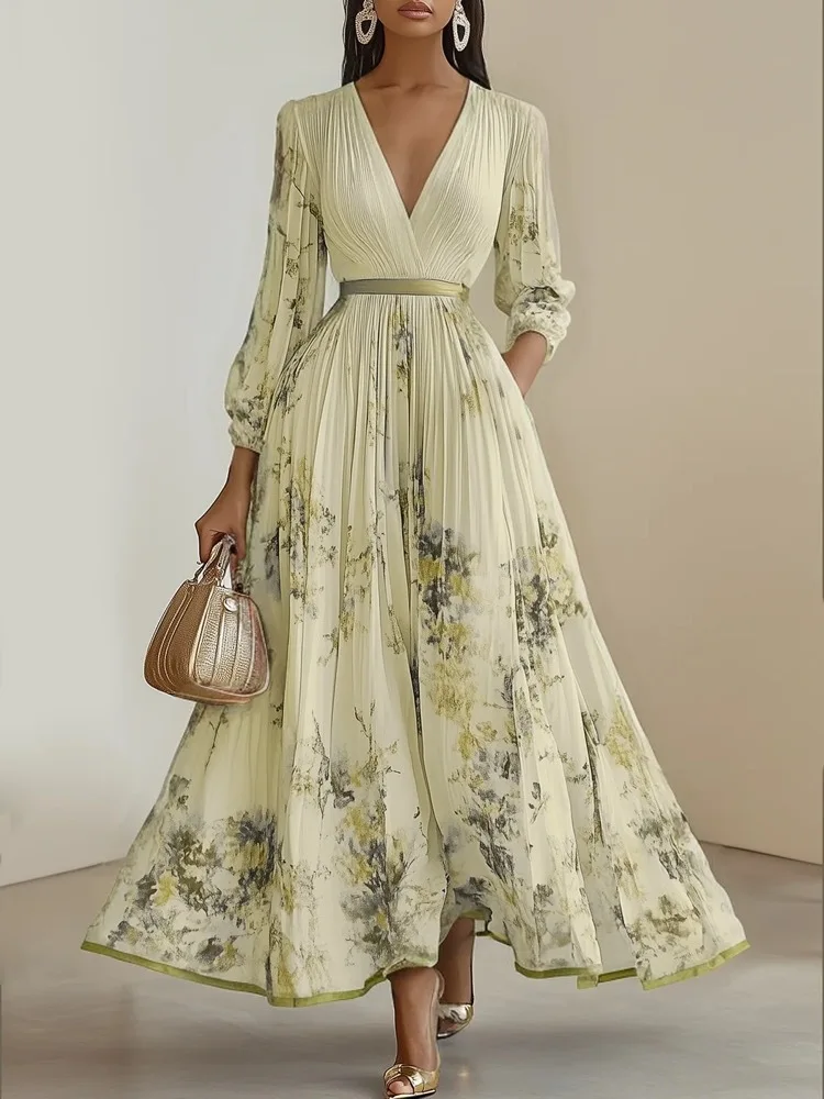 2025 Summer Long Sleeve Boho Maxi Long Dress Woman Elegant Floral Print A-Line Pleated Sexy Deep V Neck High Waist Dress Autumn